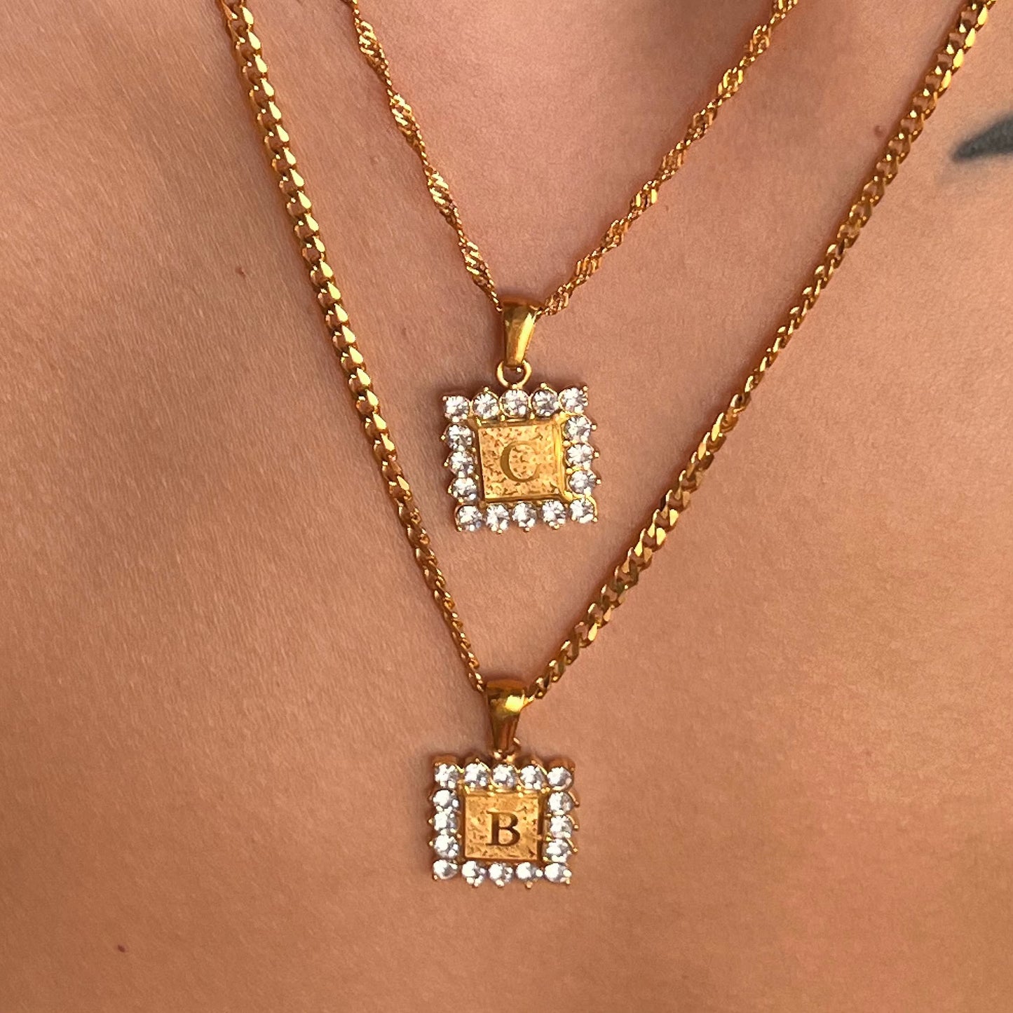 DASEIN 18K Gold Plated Stainless Steel Customized Letter Alphabet Iced Out Zircon Square Pendant Cuban Chain Necklace Women