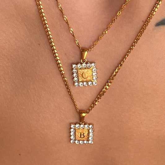 DASEIN 18K Gold Plated Stainless Steel Customized Letter Alphabet Iced Out Zircon Square Pendant Cuban Chain Necklace Women