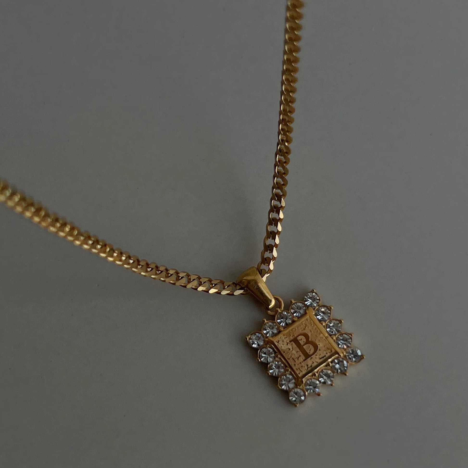 DASEIN 18K Gold Plated Stainless Steel Customized Letter Alphabet Iced Out Zircon Square Pendant Cuban Chain Necklace Women