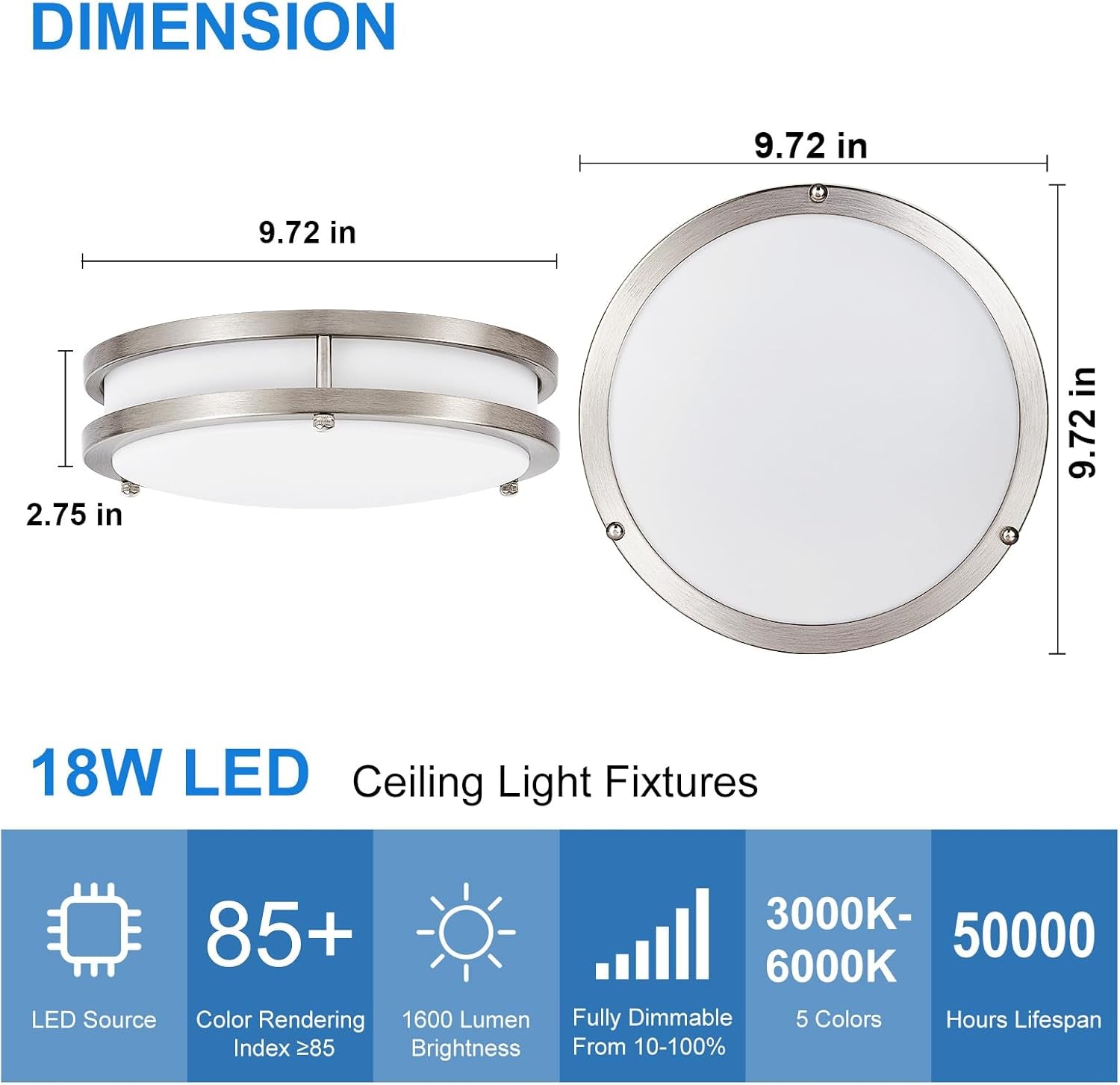 DLLT Flush Mount LED Ceiling Light: 10 Inch 5CCT (3000K-6000K) & Dimmable Ceiling Light Fixtures for Bedroom Hallway - 18W Modern Brushed Nickel 1600LM Super Bright Kitchen Lighting Fixtures Ceiling