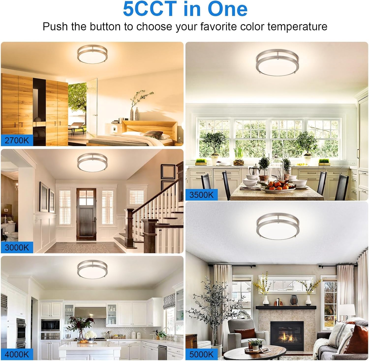 DLLT Flush Mount LED Ceiling Light: 10 Inch 5CCT (3000K-6000K) & Dimmable Ceiling Light Fixtures for Bedroom Hallway - 18W Modern Brushed Nickel 1600LM Super Bright Kitchen Lighting Fixtures Ceiling