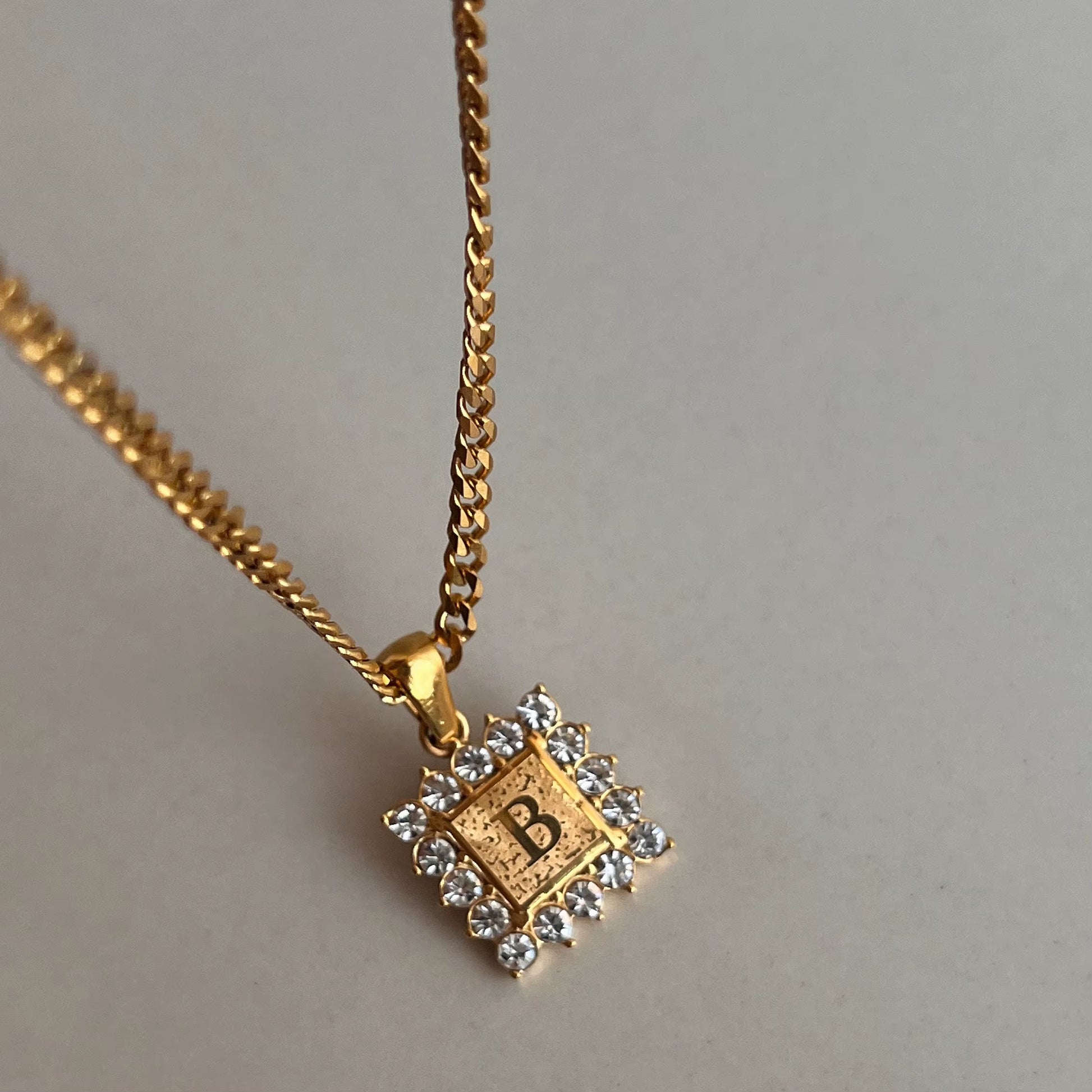 DASEIN 18K Gold Plated Stainless Steel Customized Letter Alphabet Iced Out Zircon Square Pendant Cuban Chain Necklace Women