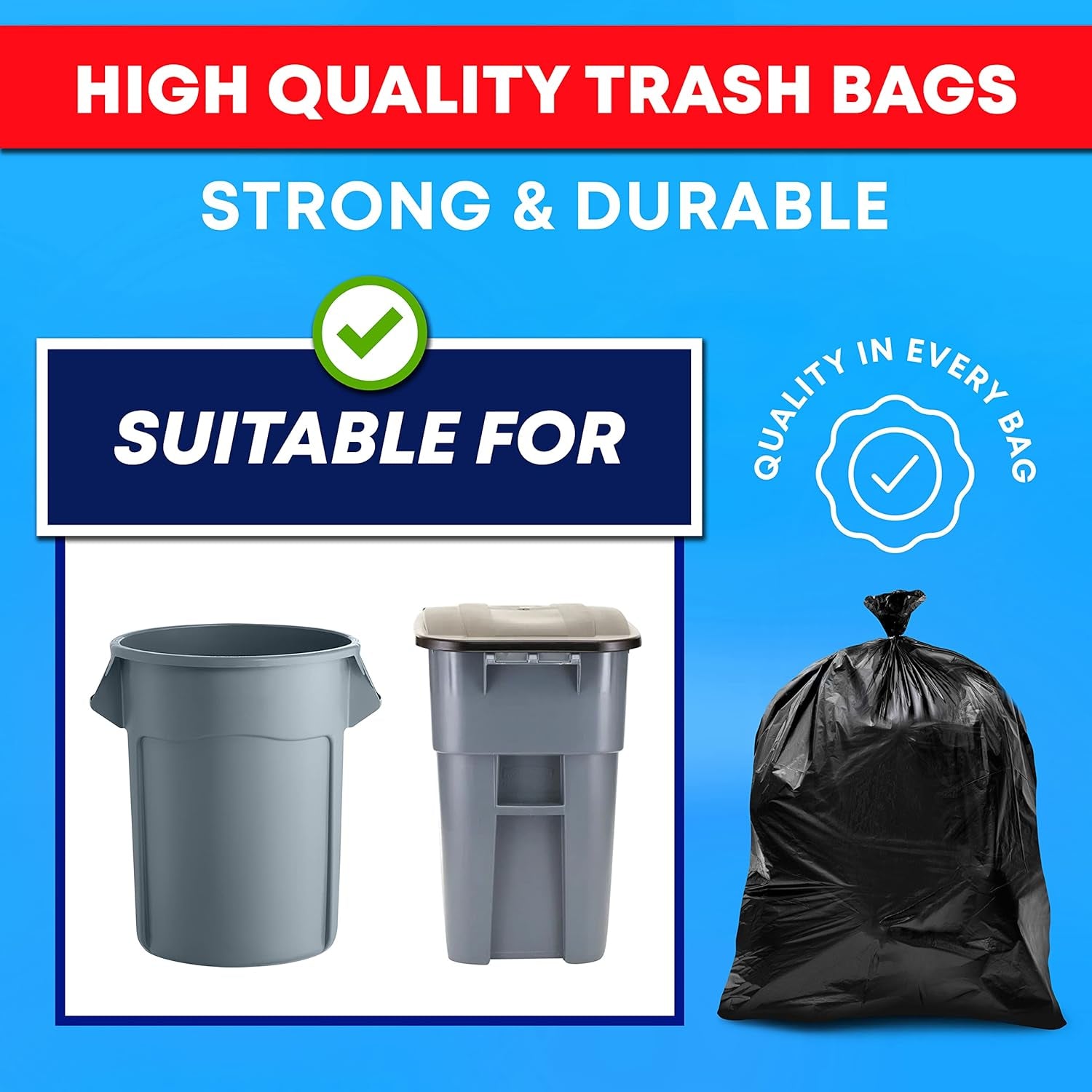 44-45 Gallon Trash Bags Heavy Duty, (Value 100 Bags W/Ties) Extra Large Black Trash Bags - 39 Gallon - 40 Gallon - 42 Gallon - 45 Gallon - Large Black Garbage Bags Heavy Duty