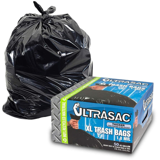 Heavy Duty 45 Gallon Trash Bags Huge 50 Count/W Ties) - 1.8 MIL - 38" X 45" - Large Black Plastic Garbage Bags for Contractor, Industrial, Home, Kitchen, Commercial, Yard, Lawn, Leaf