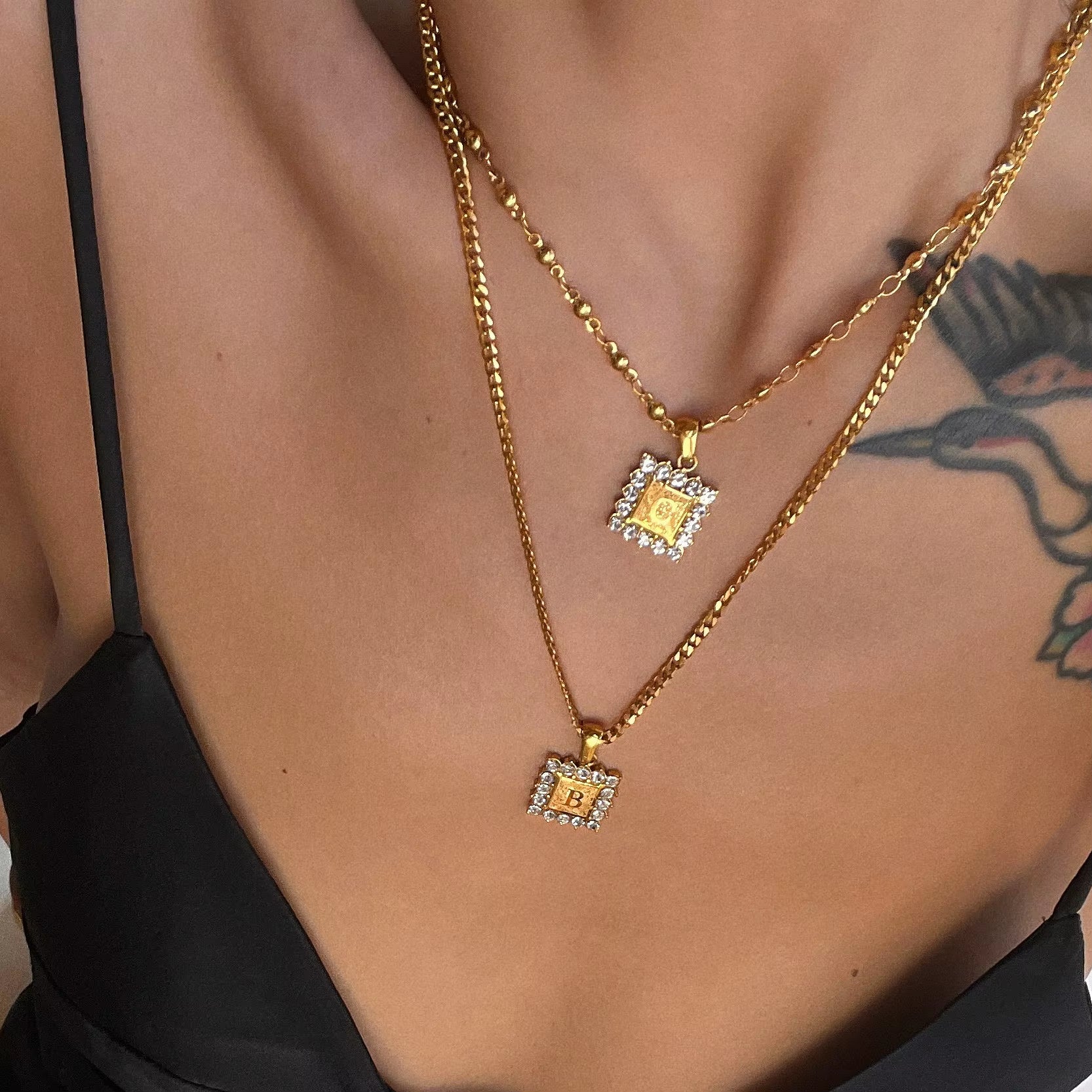 DASEIN 18K Gold Plated Stainless Steel Customized Letter Alphabet Iced Out Zircon Square Pendant Cuban Chain Necklace Women